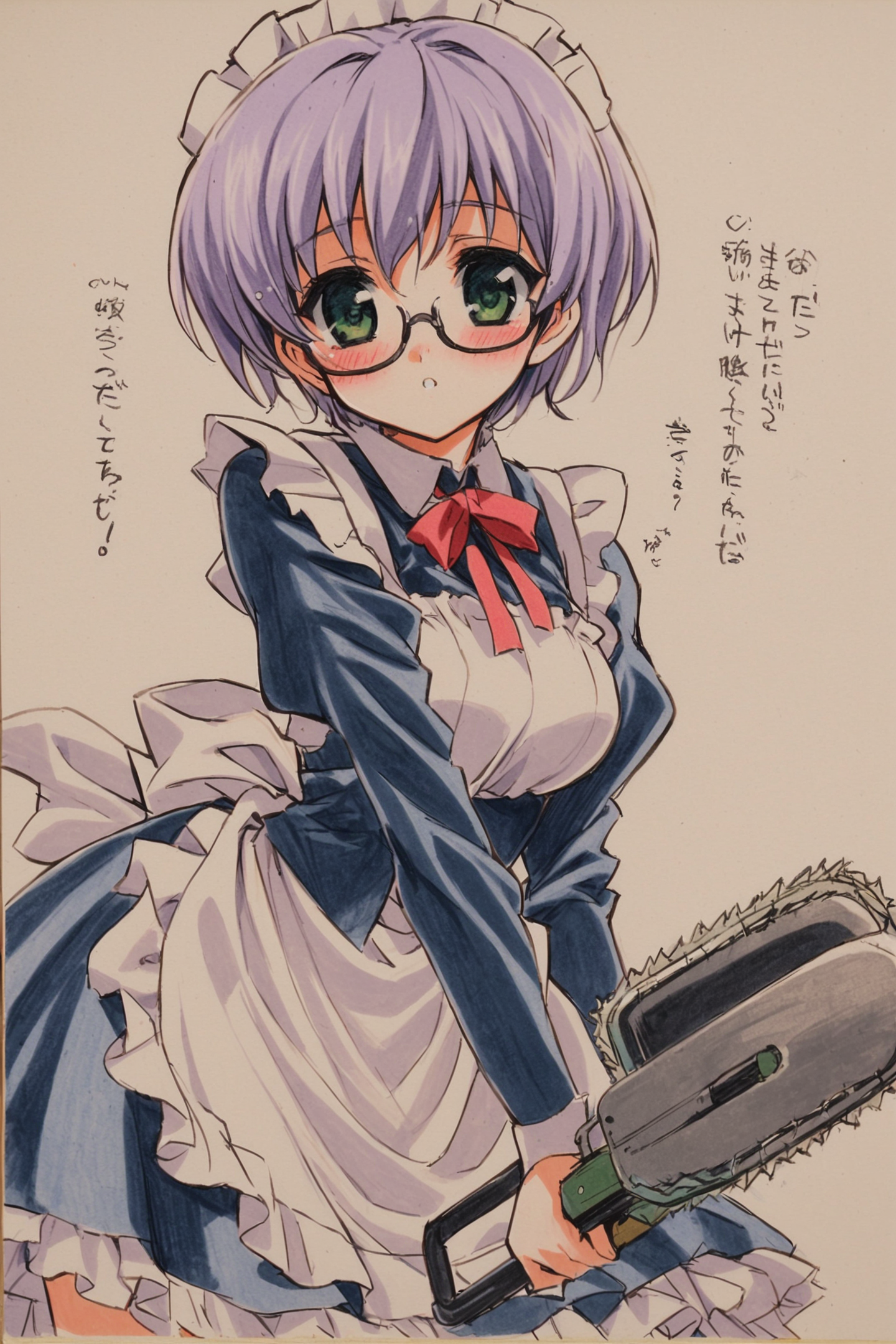 28684-1388447408-Sakurazaka Hazuki,1girl,glasses,maid,hat,holding chainsaw,blush,light purple hair,short hair,bangs,long sleeves,green eyes,tradi.png